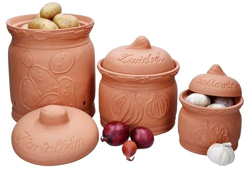 MamboCat Terra Boîte de rangement Lot de 3 pots pots à pommes de terre, oignons et ail en terre cuite avec couvercle Idéal pour stockage prolongé