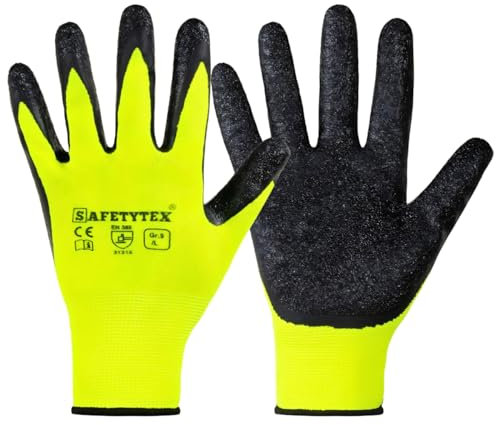 Safetytex 6 Paar Arbeitshandschuhe - Montagehandschuhe mit Latex Beschichtung - neongelbe Handschuhe - Schutzhandschuhe für Haus, Garten, Industrie und Handwerk - Größe 7