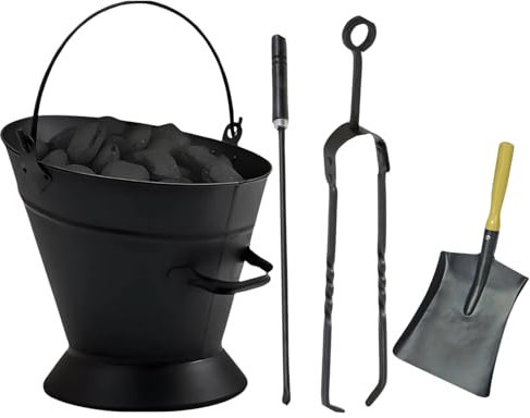Trendi® 4-Piece Fireside Companion Set for Log Burners – Fireplace Accessories & Log Burner Tools | Includes Waterloo Bucket, 9” Wooden Handle Shovel, 18” Metal Tongs & Poker