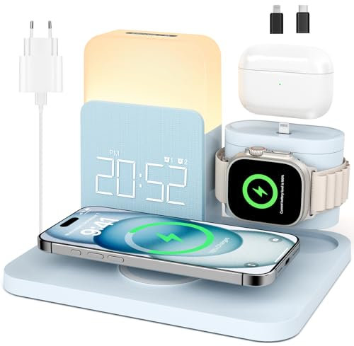 COLSUR Station de Charge 3 en 1 pour Apple Watch iPhone Airpods, Chargeur Rapide sans Fil 15 W pour iPhone 17/16/15/14/13, Lampe de Chevet avec Fonction de Charge, réveil avec Station de Charge-Bleu