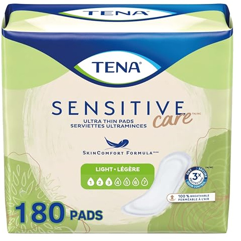 Tena Incontinence Pads, Bladder Control & Postpartum for Women, Ultra Light Thin Absorbency, Regular Length, Sensitive Care - 180 Count
