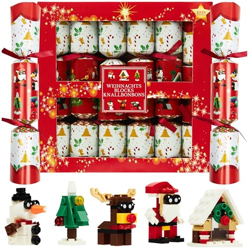 KreativeKraft Crackers di Natale, Set da 6 con Giocattolo Costruibile, Senza Scoppio, Cappello di Natale, Scherzo e Decorazione Tavola (Multi Blocks)