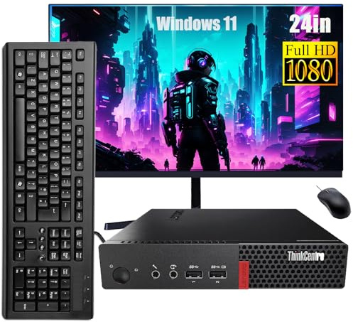 Lenovo ThinkCentre M710q Mini PC de Escritorio con Monitor de 24 Pulgadas, Intel Core i3-6100, 16 GB de RAM, 256 GB SSD, Teclado EE.UU., WiFi, Bluetooth, Windows 11 Pro (reacondicionado)