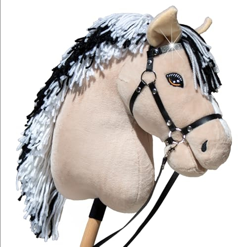 Hobby Horse Fjord A3 - Caballo palo Beige crins en blanco y negro - Red completa con frontal brillante - Juguete ecuestre para niños y adolescentes