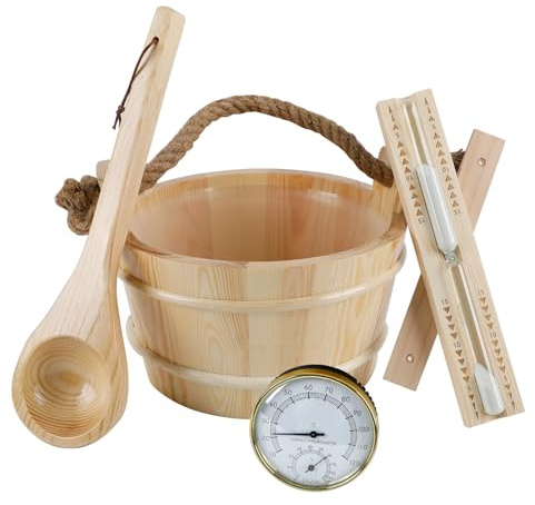 Kit de sauna en bois 4 pièces avec seau et louche, kit d'accessoires pour sauna de 4 litres avec seau et louche, thermomètre, hygromètre et sablier pour sauna à vapeur