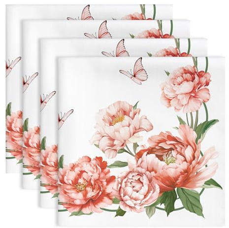 Arquiel Peony Floral Napkins, 45 cm x 45 cm Butterfly Leaf Dinner Cloth Napkins Set of 4, Washable Cotton Soft Absorbent Square Table Top Decoration for Dining Kitchen Party Wedding