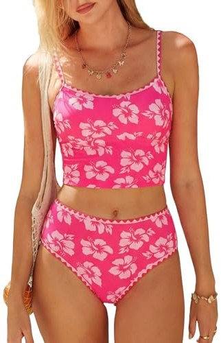 ZAFUL Tankini Swimsuit for Women High Waisted Swimwear Tummy Control Color Contrast Two Piece Bathing Suits