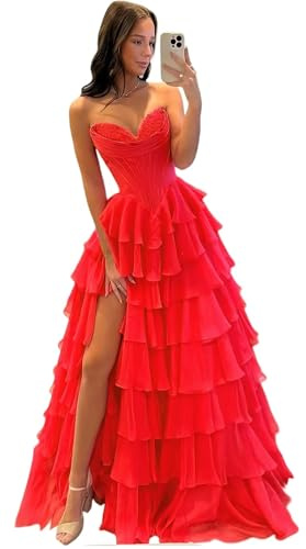Misshow Robe de Soirée Volants Chic et Glamour Femme Longue Bustier en Dentelles Romantique plissée Mousseline Fluide Rouge M