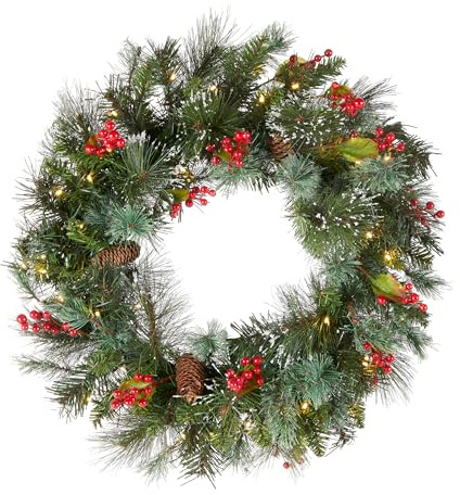 National Tree Company 24 in Pre-Lit Wintry Pine Artificial Christmas Wreath, Christmas Decoration with Pinecones, Red Berries, Snowy Bristle, 50 Clear Lights, 113 Tips, Green