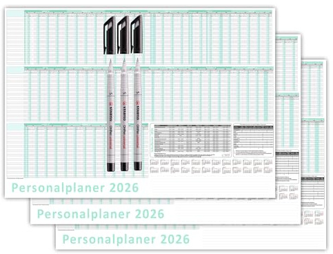 3 Stück Urlaubsplaner/Personalplaner 2026 nass abwischbar mit Folienkaschierung +3 Folienstifte - DIN B2 Format (700 x 500mm) 22 Mitarbeiter Januar bis März Folgejahr mit Schulferien (gerollt!)