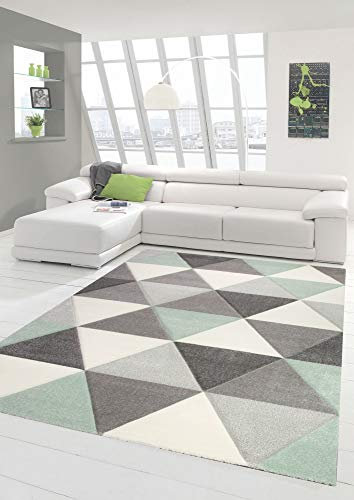 Merinos Teppich modern Designerteppich mit Dreieck Muster in Grün Grau Creme Größe 80x150 cm