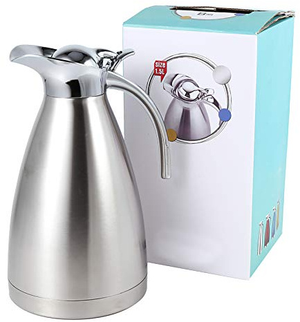 Thermo Pot, Teiera in acciaio inossidabile per caffè Teiera a doppia parete con isolamento sottovuoto Thermo Brocca Bottiglia di acqua calda con manico(1.5L-Argento)