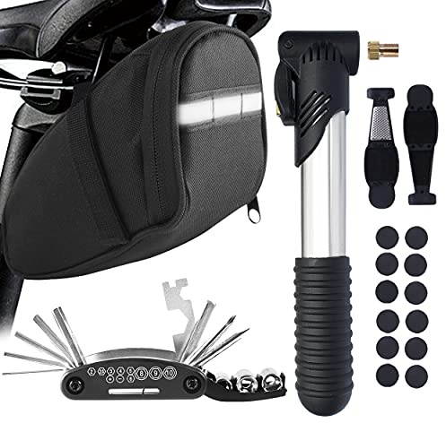 MASPODER Satteltaschen für Fahrrad, Fahrradpumpe Mini mit Fahrrad Zubehör Reparaturset Werkzeug Flickzeug Set Luftpumpe Multitool Werkzeugset Reifenheber für Mountainbike MTB Citybike Rennrad Bike