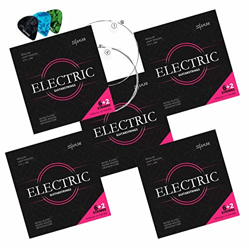 Shaman Gitarrensaiten für E-Gitarre 5x Set - Premium Stahl Saiten für elektrische Gitarre - 6+2 Saiten-Set inklusive 3 Plektren, extra D-Saite und hohe E-Saite