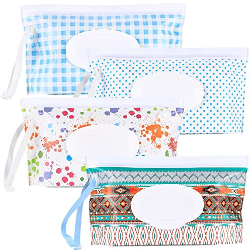 4 Stück Feuchttücher Taschen für Baby Unterwegs, Feuchttücherbeutel, Baby Feuchttuchspender, Wiederverwendbar Reisebehälter für Feuchttücher Reisen