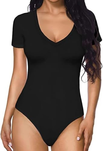 HSAJS Body Donna Maniche Corte Scollo a V Bodysuit Elasticizzato Modellante Contenitivo Outfit Estivo Elegante Morbido versatile