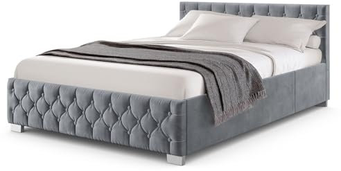 Juskys Polsterbett Nizza 180x200 cm Samt mit Stauraum, LED Beleuchtung & Lattenrost - Chesterfield Steppung & Kopfteil - Bett Bettgestell - Grau