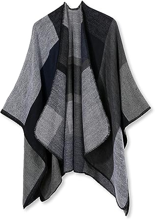 LumiSyne Invernale Scialle in Cashmere Donna Poncho Cape in Maglia Motivo a Quadri Blocchi di Colore Frontale Aperto Mantello Cardigan Coperta Scialle Elegante Maglione Poncho Caldo Pashmina Sciarpa