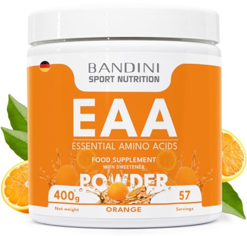 Bandini® EAA Essential AMINO in polvere - 400 g powder - Con 9 Amminoacidi Essenziali Fermentati e Ramificati BCAA 2:1:1 - Recupero Muscolare - Intra Pre Post Workout - 100% Vegan - Gusto Arancia