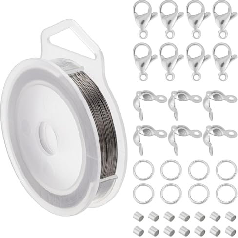 BENECREAT 100 m 0.3 mm Edelstahl-Perlendraht Mit 7 Strängen Und 200 Quetschperlen, 100 Stück Perlenspitzen, 30 Karabinerverschluss Und 200 Biegeringe Für Die Schmuckherstellung