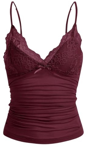 Naileksi Débardeur Y2k avec Bordure en Dentelle et Bretelles Spaghetti, col en V, nœud froncé, Patchwork, Bordeaux, Taille S