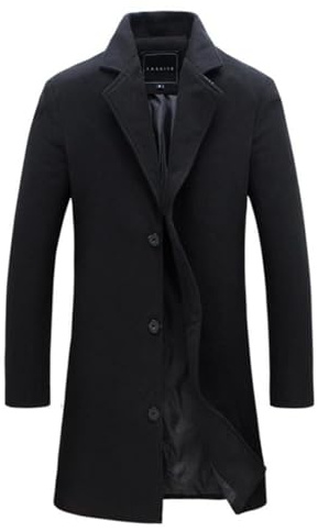 WAIDFU Mens Wool Overcoat Long Trench Coat Notched Collar Regular Fit 3 Button Winter Woolen Jackets Peacoat