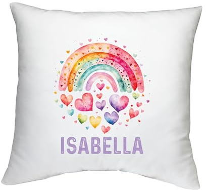 Shopagift Personalised Rainbow Hearts Cushion Cover Any Name Water Colour Bedroom Lounge Accessory - 40cm x 40cm