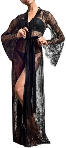 ROSVAJFY Damen Spitzen-Kimono Bademantel mit Satin-Gürtel,Transparenter Langer Schlafanzug,Sexy Babydoll Nachthemd Morgenmantel (DE/NL/SE/PL, Alphanumerisch, Einheitsgröße, Regular, Regular, Schwarz)