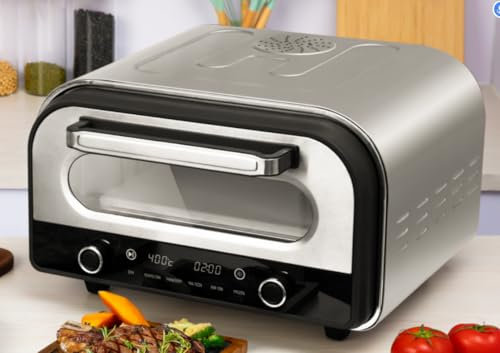 ZACHVO Elektrischer Pizzaofen – bis 450 °C, 5 Pizza-Programme, 1–60 Min Timer, LED-Touchscreen & Drehregler, Edelstahl, für 32 cm Pizza, inkl. Pizzastein, hochwertigem Pizzaschieber & Rezeptbuch
