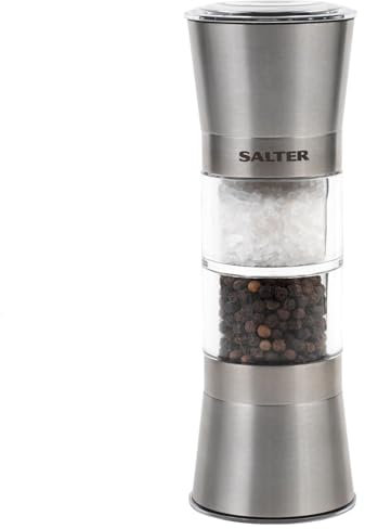 Salter Duo Salt and Pepper Mill – 2 in 1 Seasoning Grinder, Pre-Filled with Salt Crystals and Peppercorns, Ceramic Mechanism, Adjustable Grind, Twist to Grind, Base Caps to Reduce Mess, BW12957FEU7
