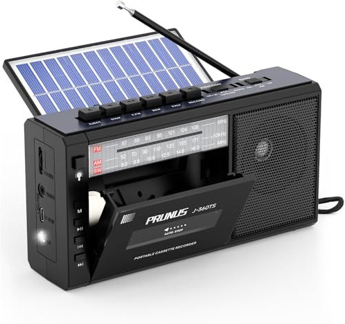 PRUNUS J-360 Reproductor Cassette con Bluetooth, Am/FM Radio Solar y Recargable, Radio Cassette Player con Toma de Auriculares, Reproductor de TF/USB.