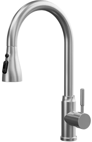 ModHm Pull-Out Kitchen Taps, Brushed Steel Single Handle High-Arc with Hot/Cold Dual Hose Kitchen Mixer Tap, Countertop 360° Swivel Dual Spray Modes Faucet, Easy Installation with Fittings Included