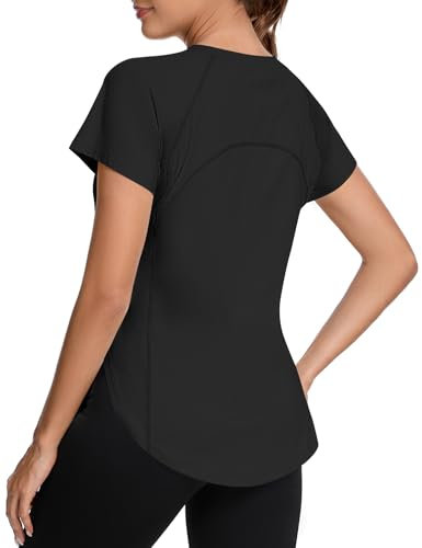 IECCP Sportshirt Damen Kurzarm, Rundhals Sport Oberteile Atmungsaktive Laufshirt Funktionsshirt Fitness UV Shirt für Gym Laufen Yoga Tennis SchwarzXL
