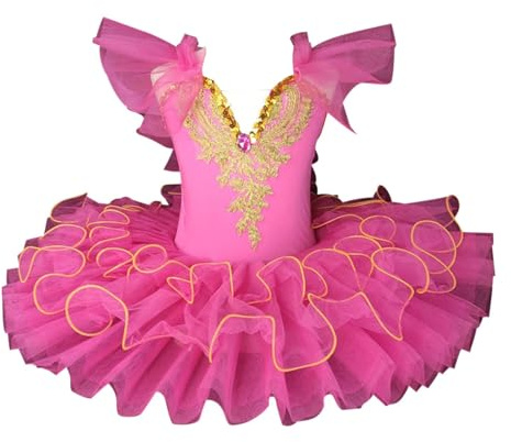 Zeiayuas Ballet Leotard for Girls Kids Short Sleeve Lace Sequined Embroidered Tulle Cami Dresses Tutu Skirt Ballerina Dance Swan Lake Costume 0-12 Years Hot Pink