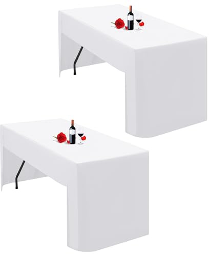 Lumaycens Paquete de 2 manteles blancos ajustables con parte trasera abierta para mesa plegable de 6 pies, tela de poliéster lavable, mantel blanco, cubierta de mesa para exposiciones comerciales y de