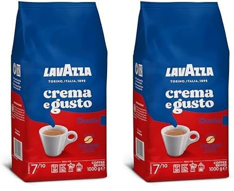 Lavazza, Crema e Gusto Classico, Café en Grano Natural, Ideal para la Máquina de Café Espresso, con Notas Aromáticas de Especias, Arábica y Robusta, Intensidad 7, Tueste Oscuro, 1 kg (Paquete de 2)