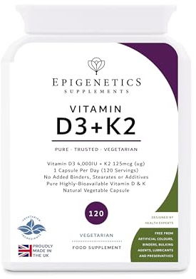 Vitamin D3 K2 Capsules | Additive-Free 4,000 IU Vitamin D & 125mcg VIT K MK7 | Long 4 Months Supply | 120 Vegetarian Friendly & Made in the UK by Epigenetics Supplements