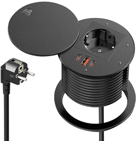 Sewingvr bord med USB-C PD 35 W och USB-A 30 W, lock, infällbart uttag med två kabler, 1,8 m, svart