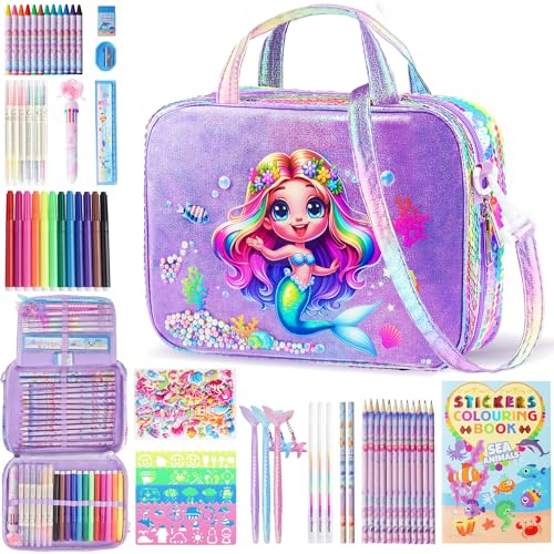 D-FantiX Kit Coloriage Enfants Parfumés aux avec Sac à main Sirène, Set d'art pour Enfants 63 pièces Kit Dessin, Crayons, Stylos de Couleur, Autocollants, Licorne Jouet Cadeau fille 4 5 6 7 8-12 ans
