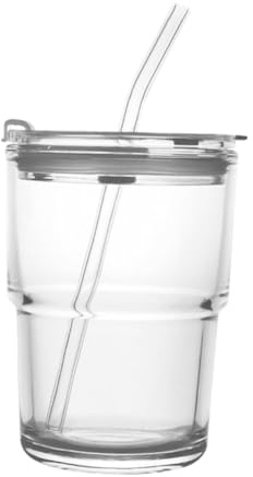 Mikinona Vaso de Agua de Vidrio Diseño Transparente Material Vidrio y Silicona con Pajita y Tapa, Capacidad 400 Ml Adecuado para Oficinas y Restaurantes