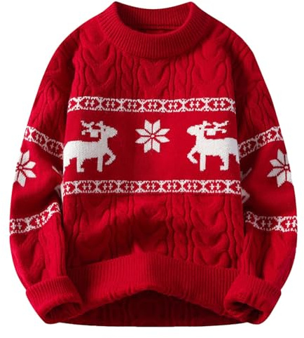 Generisch - Maglione natalizio da uomo, pullover con renna norvegese, lavorato a maglia, Christmas, oversize, festivo, pullover invernale caldo, divertente, Colore: rosso, M