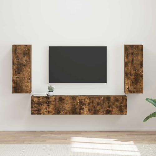 Kaloriko TV-Wandregal-Set, 4-teilig, Geräucherte Eiche Holzwerkstoff, Stauraum-Elemente mit 90°-Schwenktüren, Modernes Design für Wohnzimmer, Schlafzimmer
