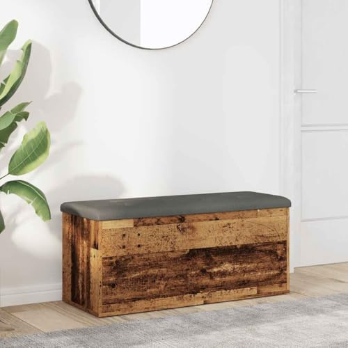 Plumbpyr Panca con vano portaoggetti effetto legno anticato in legno di legno, 102 x 42 x 45 cm, con cuscino imbottito, resistente panchina per ingresso e spogliatoio