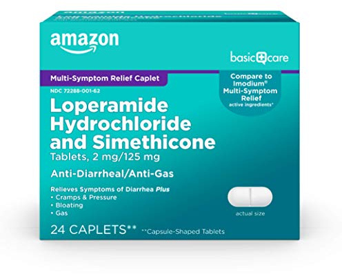 Amazon Basic Care Loperamide Hydrochloride 2 mg and Simethicone 125 mg Tablets, Multi-Symptom Relief, Anti-Diarrheal, Bloating and Cramps, Gas Relief, 24 Count
