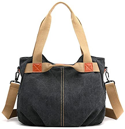 FANDARE Leinwand Handtaschen Schultertasche Damen Umhängetasche Vintage Frauen Arbeitstasche für Shopper Reisen Crossbody Messenger Bag Schwarz