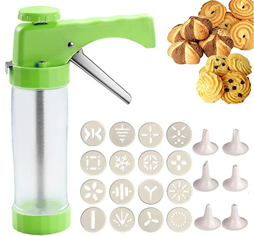 LTLWSH Prensa para Galletas, Jeringa para Adornar, Máquina de Galletas, Prensa de Galletas, Accesorio para Hornear con 16 Plantillas y 6 Boquillas para Pasteles y Galletas,Verde