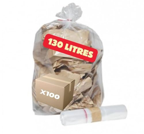 SANY Sac Poubelle Transparent | Lot de 100 Sacs 130 Litres | 100% Recyclable | Haute Résistance et Très Etanche | Tous Déchets et Ordures
