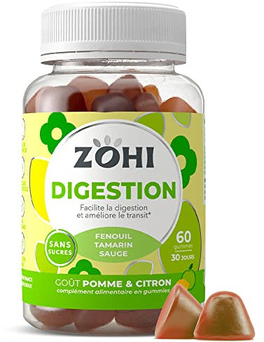 Complément Alimentaire Digestion-Gummies Digestion facilitant la digestion et améliore le transit- Fenouil-60 gommes de fruits- goût Pomme et Citron Sans Sucres-Vegan- ZOHI- Fabriqué en France