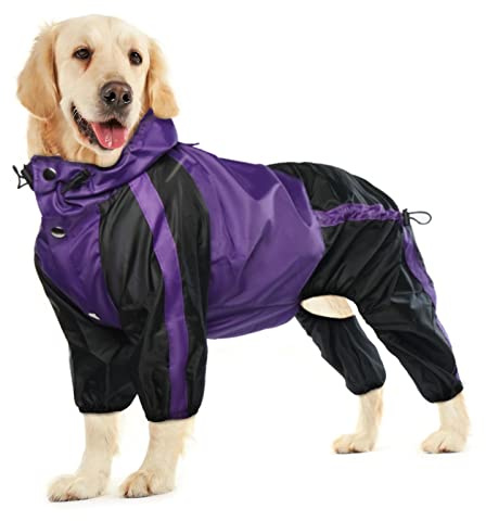 OUOBOB Dog Raincoat, Waterproof Rain Coats for Large Dogs, Lightweight Rain Jacket, Adjustable 4 Legs Pet Poncho with Hood, Snow-Proof Dog Vest Rainwear Clothes Apparel with Leash Hole