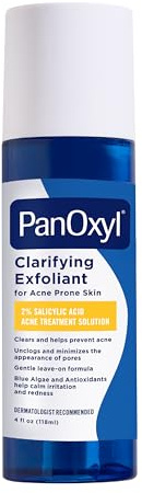 PanOxyl Clarifying Exfoliant with 2% Salicylic Acid, BHA Liquid Exfoliant for Face, Unclogs, Minimizes Appearance of Pores, Blue Algae and Antioxidants Help Calm Redness, For Acne Prone Skin, 4 fl oz
